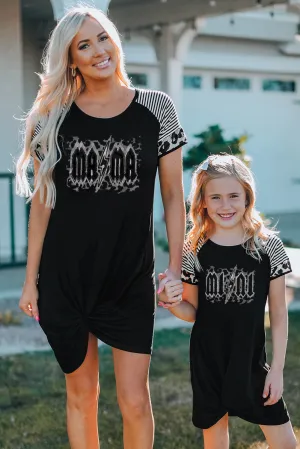 Black MAMA Print Striped Leopard Sleeve T Shirt Dress with Twist