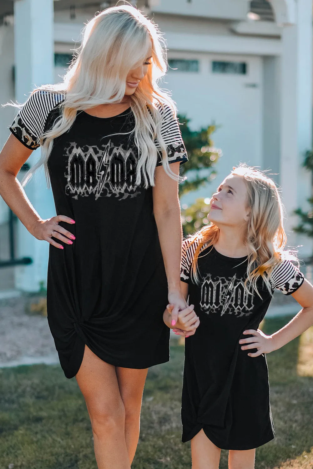 Black MAMA Print Striped Leopard Sleeve T Shirt Dress with Twist