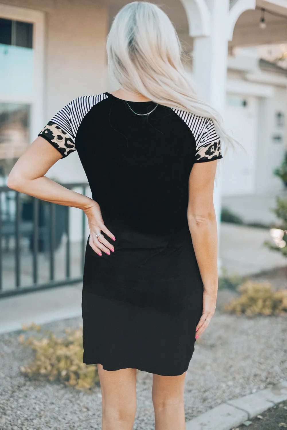 Black MAMA Print Striped Leopard Sleeve T Shirt Dress with Twist