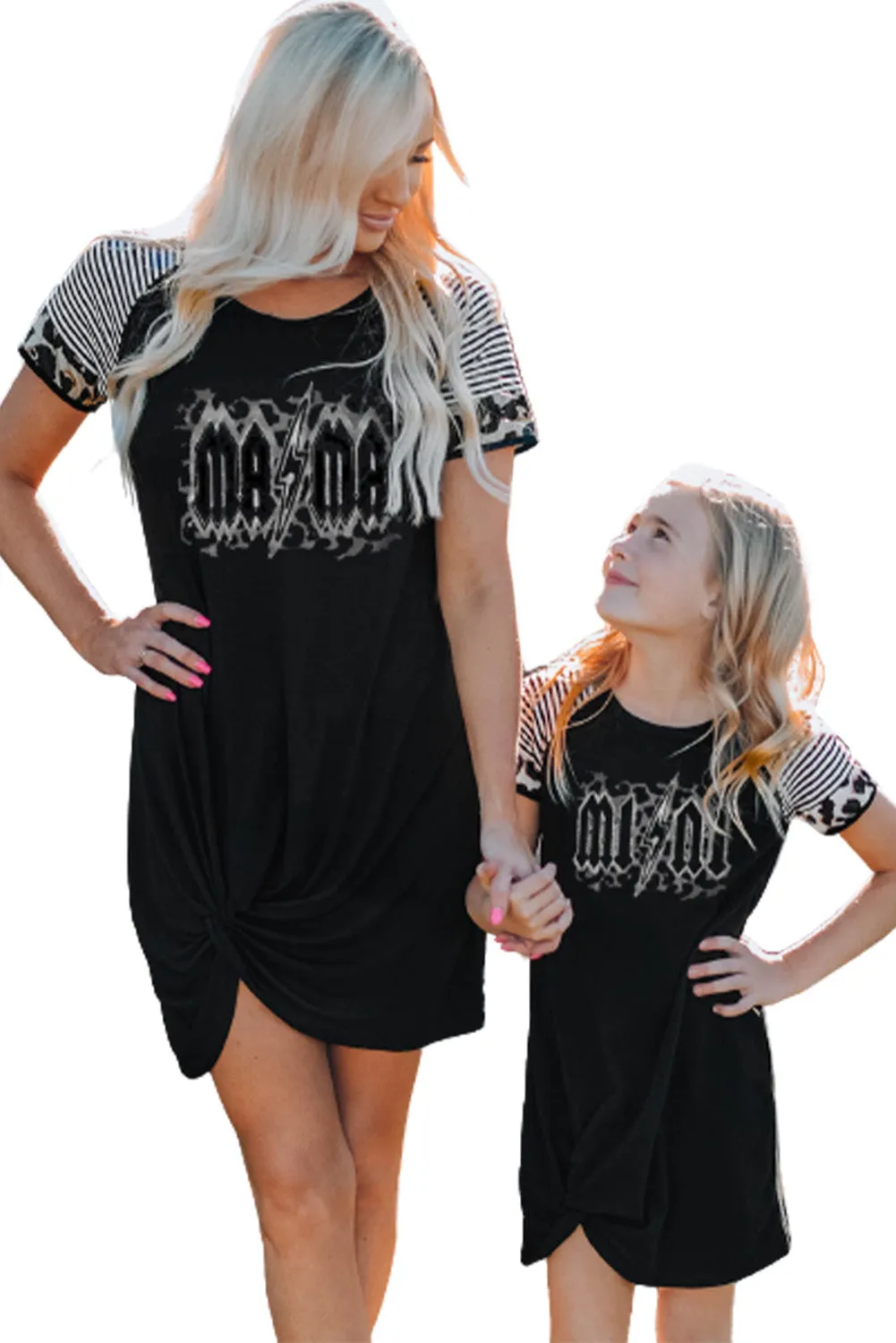 Black MAMA Print Striped Leopard Sleeve T Shirt Dress with Twist