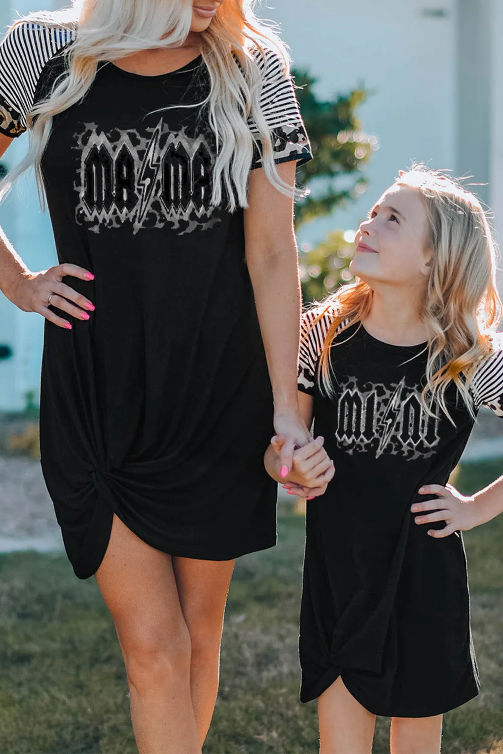 Black MAMA Print Striped Leopard Sleeve T Shirt Dress with Twist