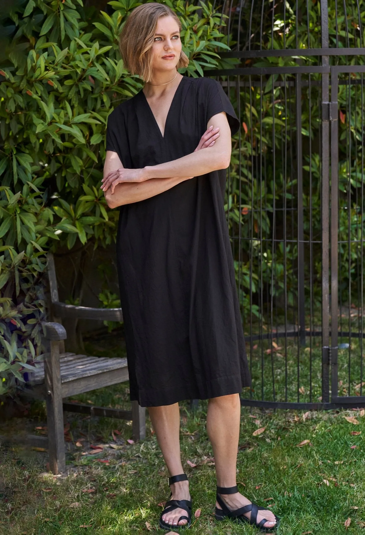 Black Short Cap Sleeve Cotton Belted Dress - Sale