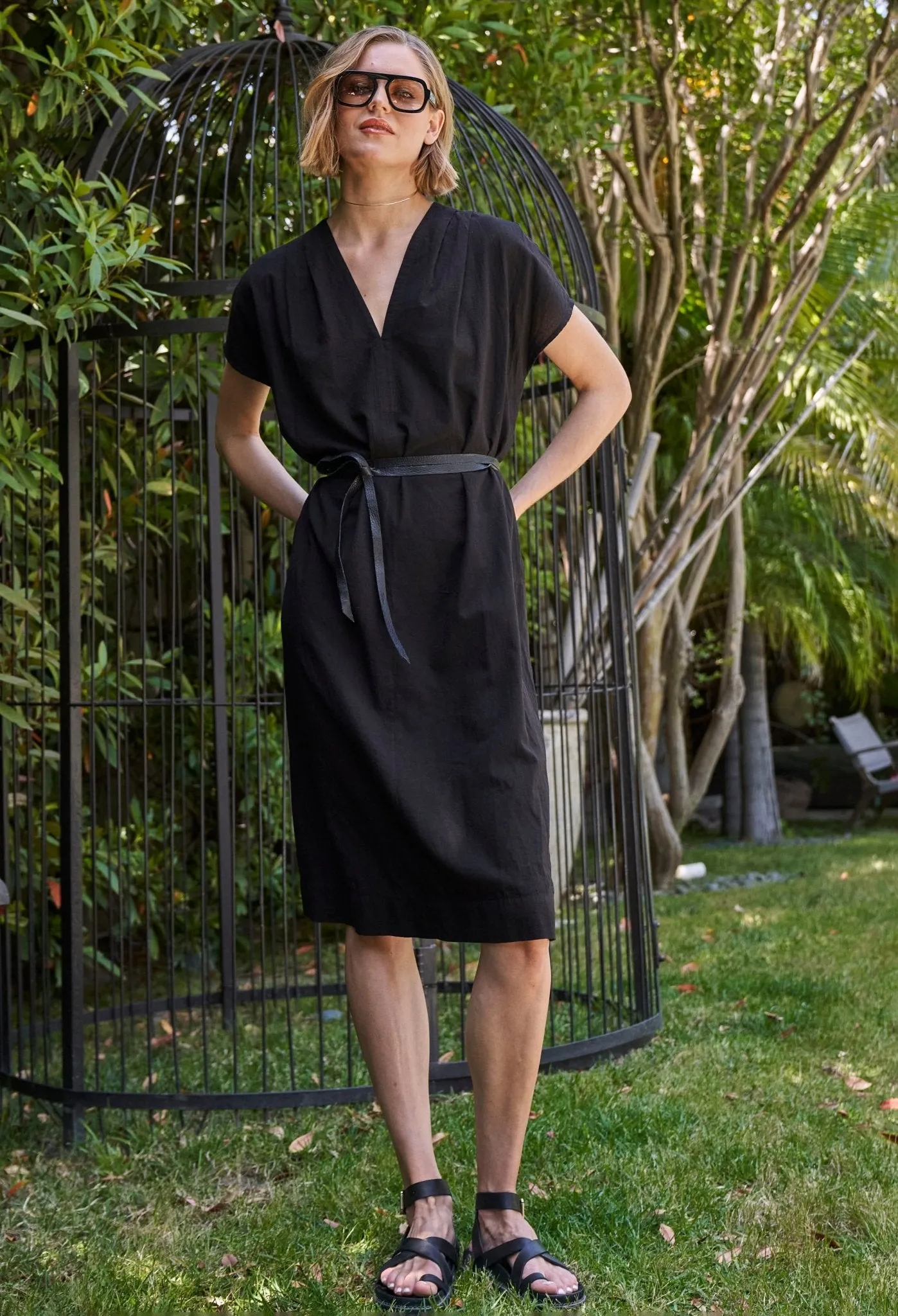 Black Short Cap Sleeve Cotton Belted Dress - Sale