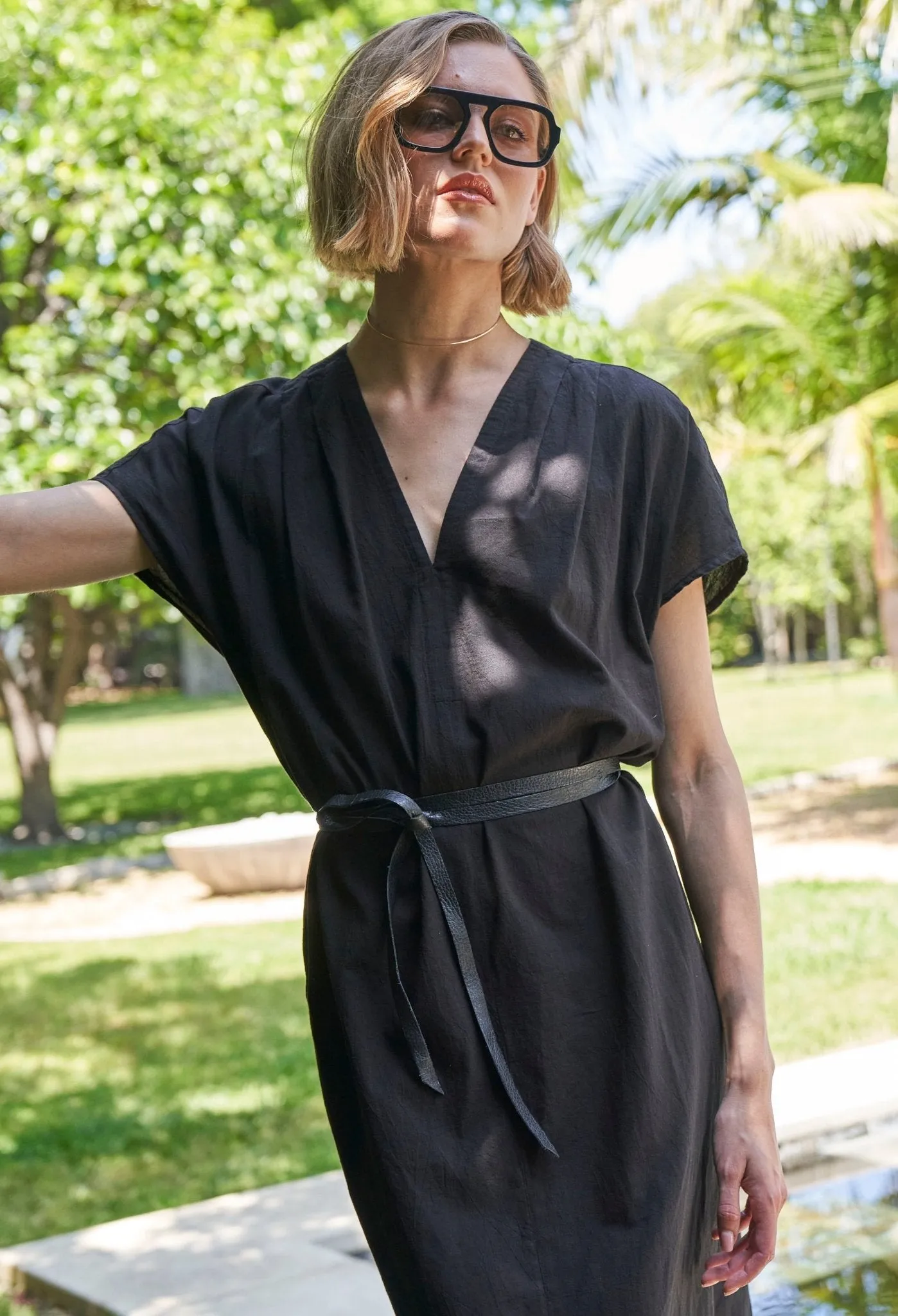 Black Short Cap Sleeve Cotton Belted Dress - Sale