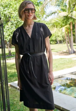 Black Short Cap Sleeve Cotton Belted Dress - Sale