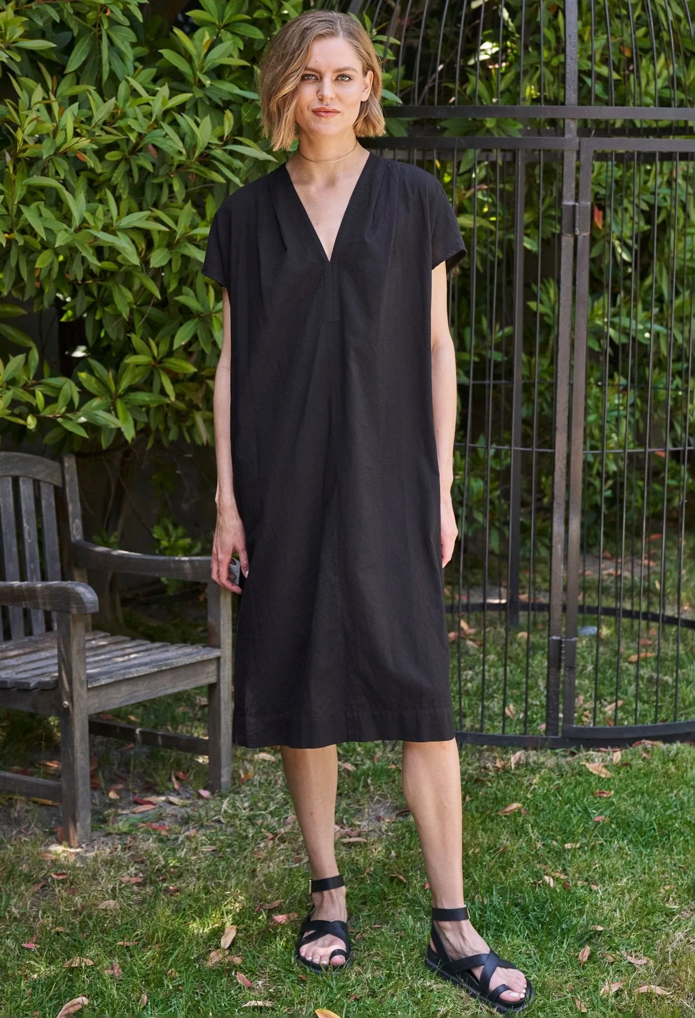 Black Short Cap Sleeve Cotton Belted Dress - Sale