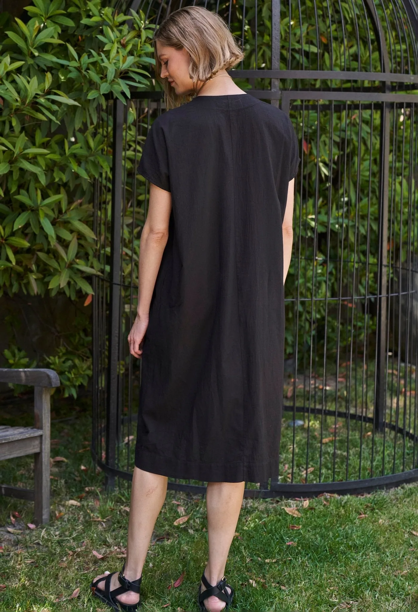 Black Short Cap Sleeve Cotton Belted Dress - Sale