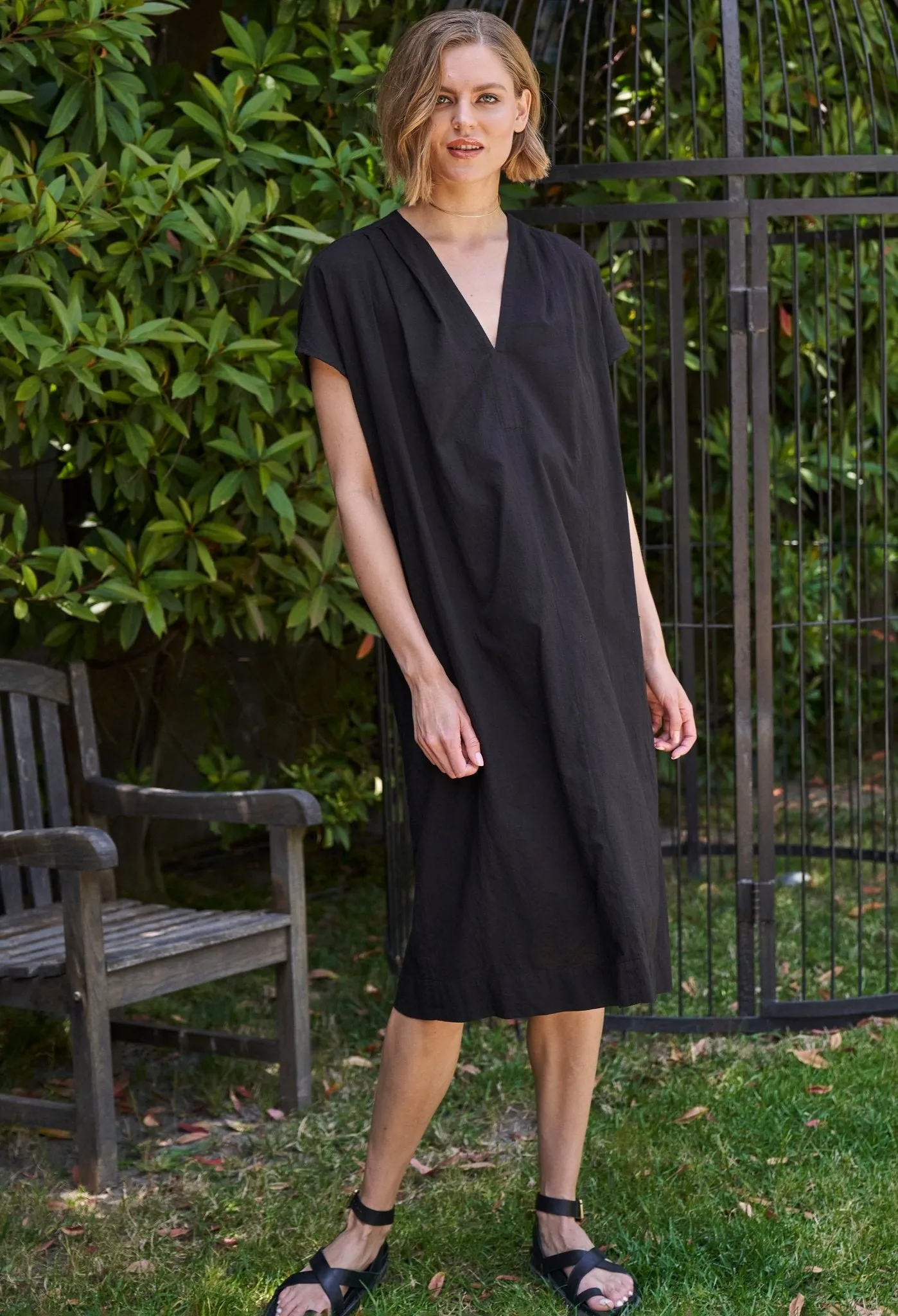 Black Short Cap Sleeve Cotton Belted Dress - Sale