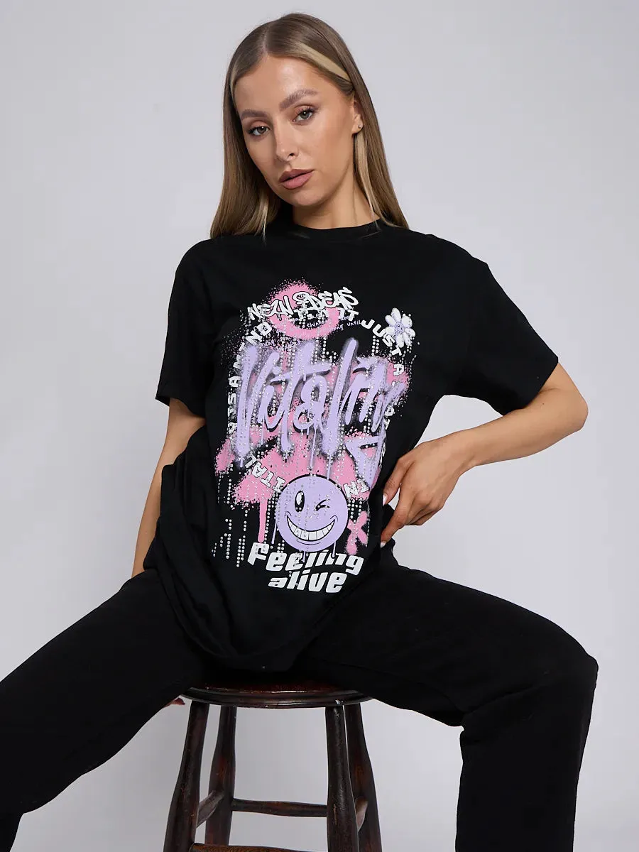 Black Smiley Face Graphic T-Shirt