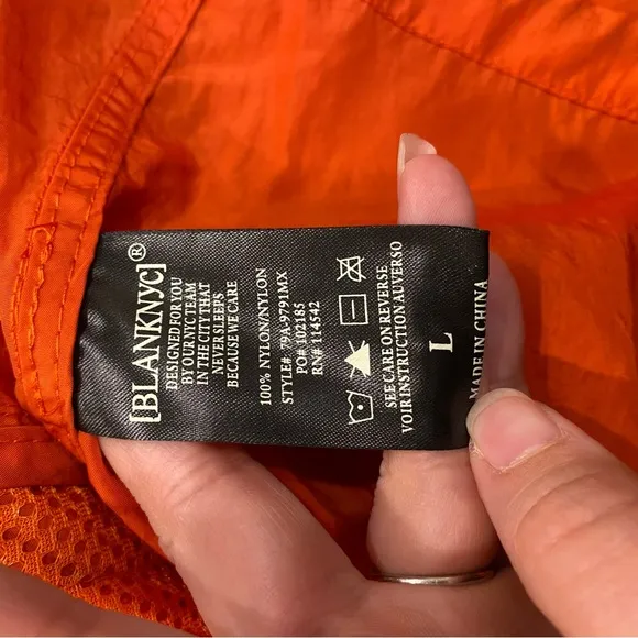 Blank NYC Womens Orange Nylon Hooded Windbreaker Jacket Large Swishy
