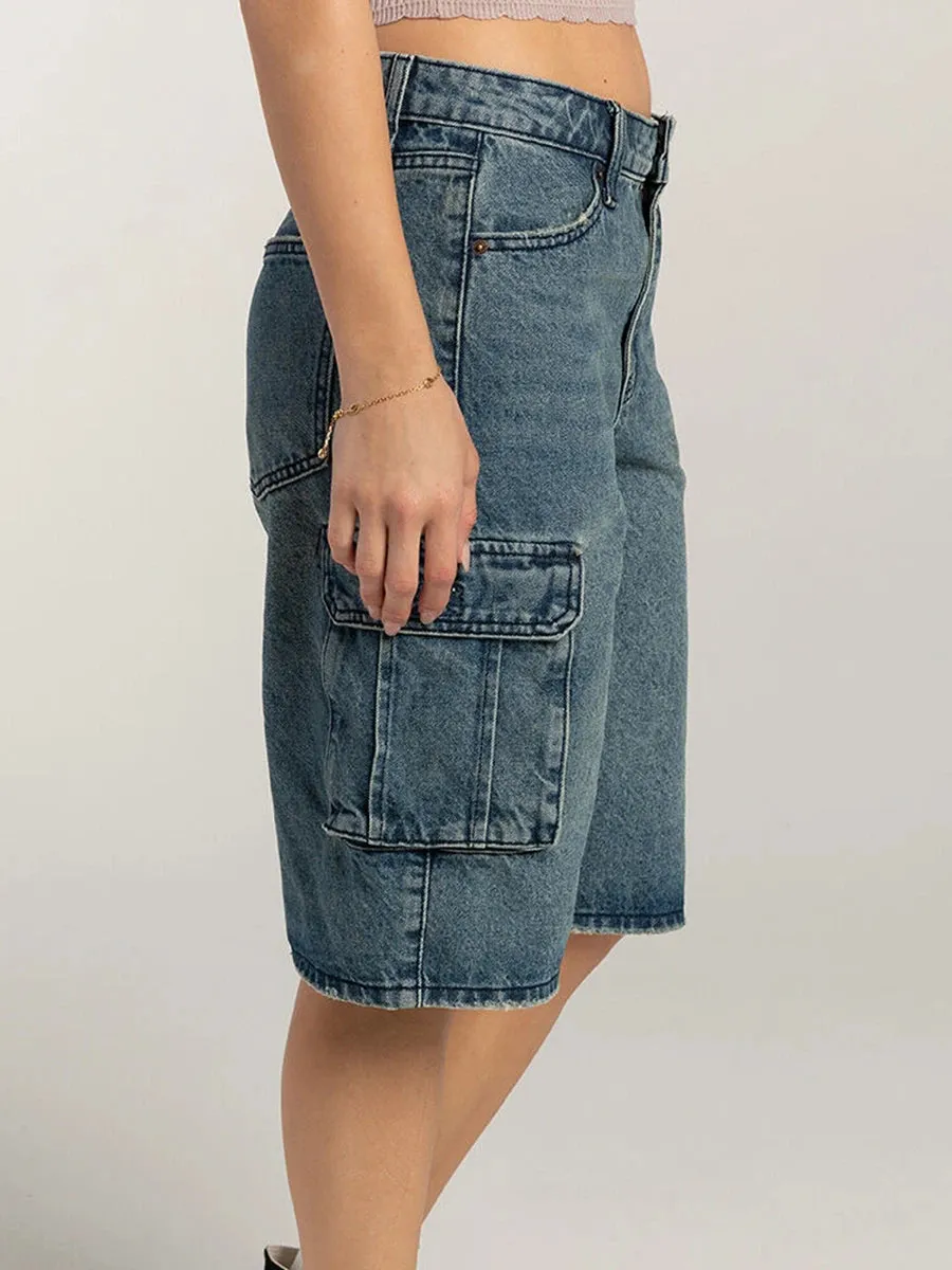 Blue Loose Fit Cargo Denim Shorts