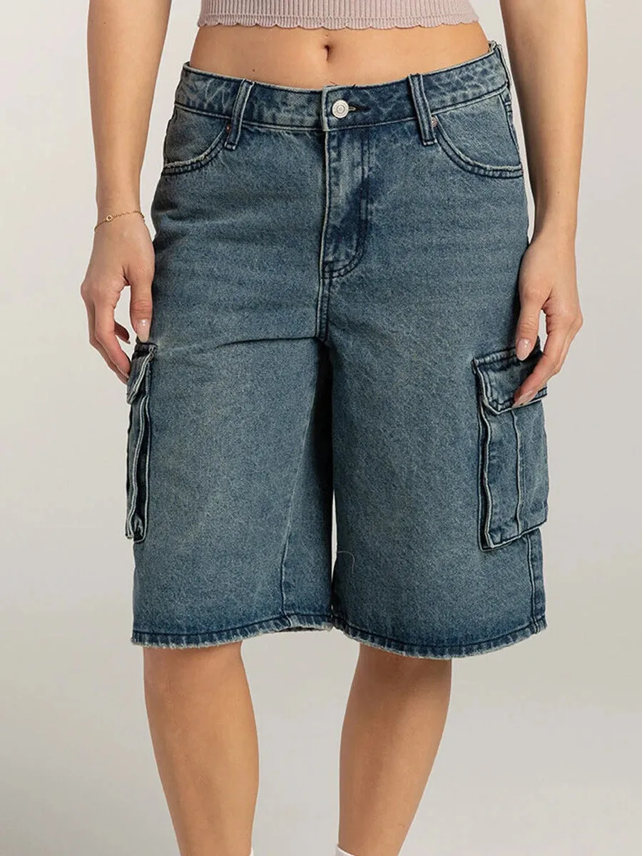 Blue Loose Fit Cargo Denim Shorts