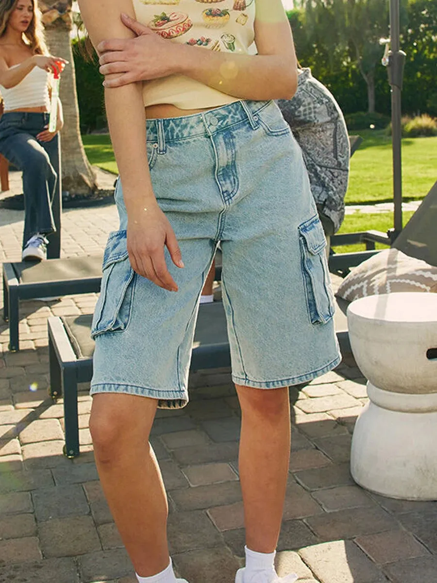 Blue Loose Fit Cargo Denim Shorts