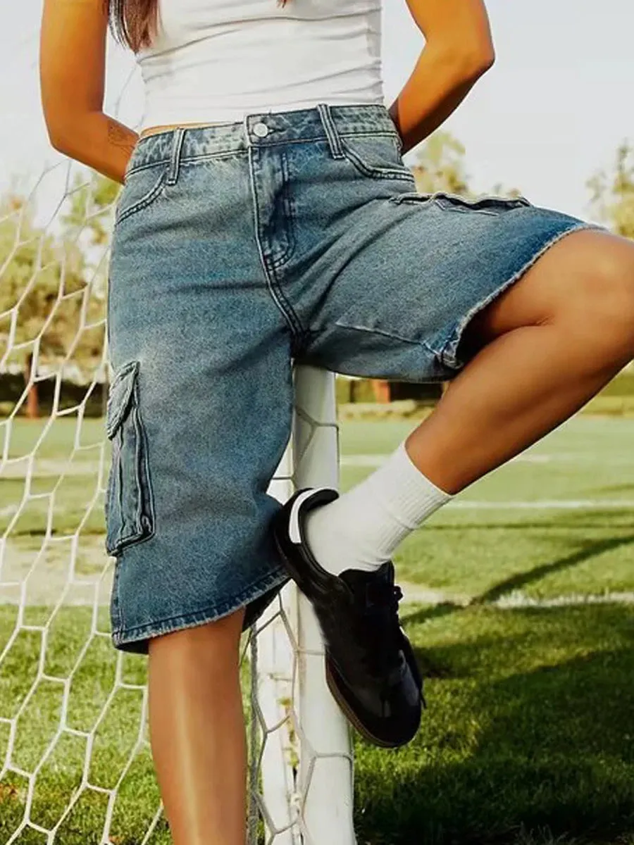 Blue Loose Fit Cargo Denim Shorts