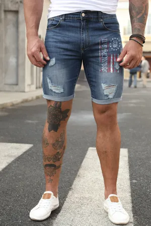 Blue Men's American Flag Distressed Denim Shorts