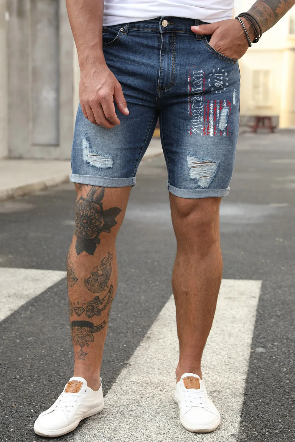 Blue Men's American Flag Distressed Denim Shorts