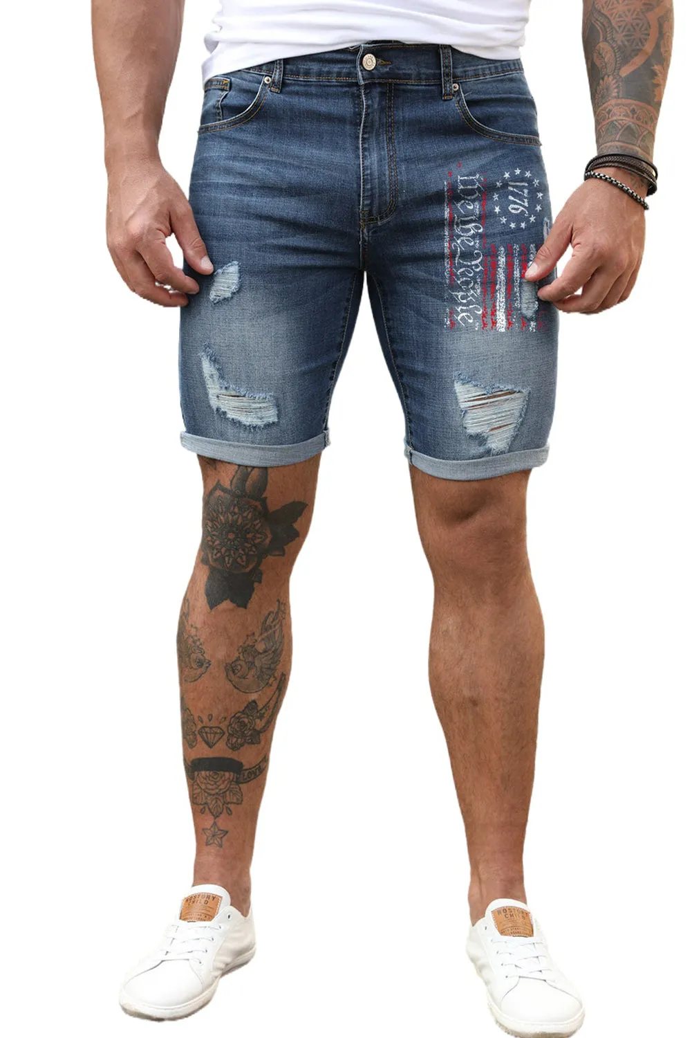 Blue Men's American Flag Distressed Denim Shorts