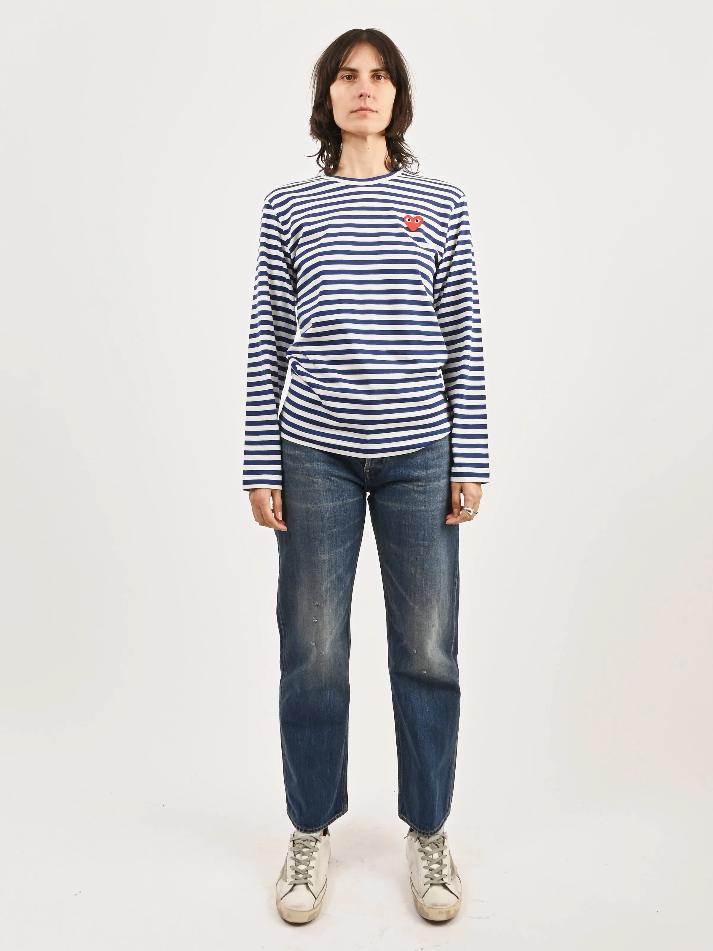 Blue/White Red Heart Play Striped T-Shirt