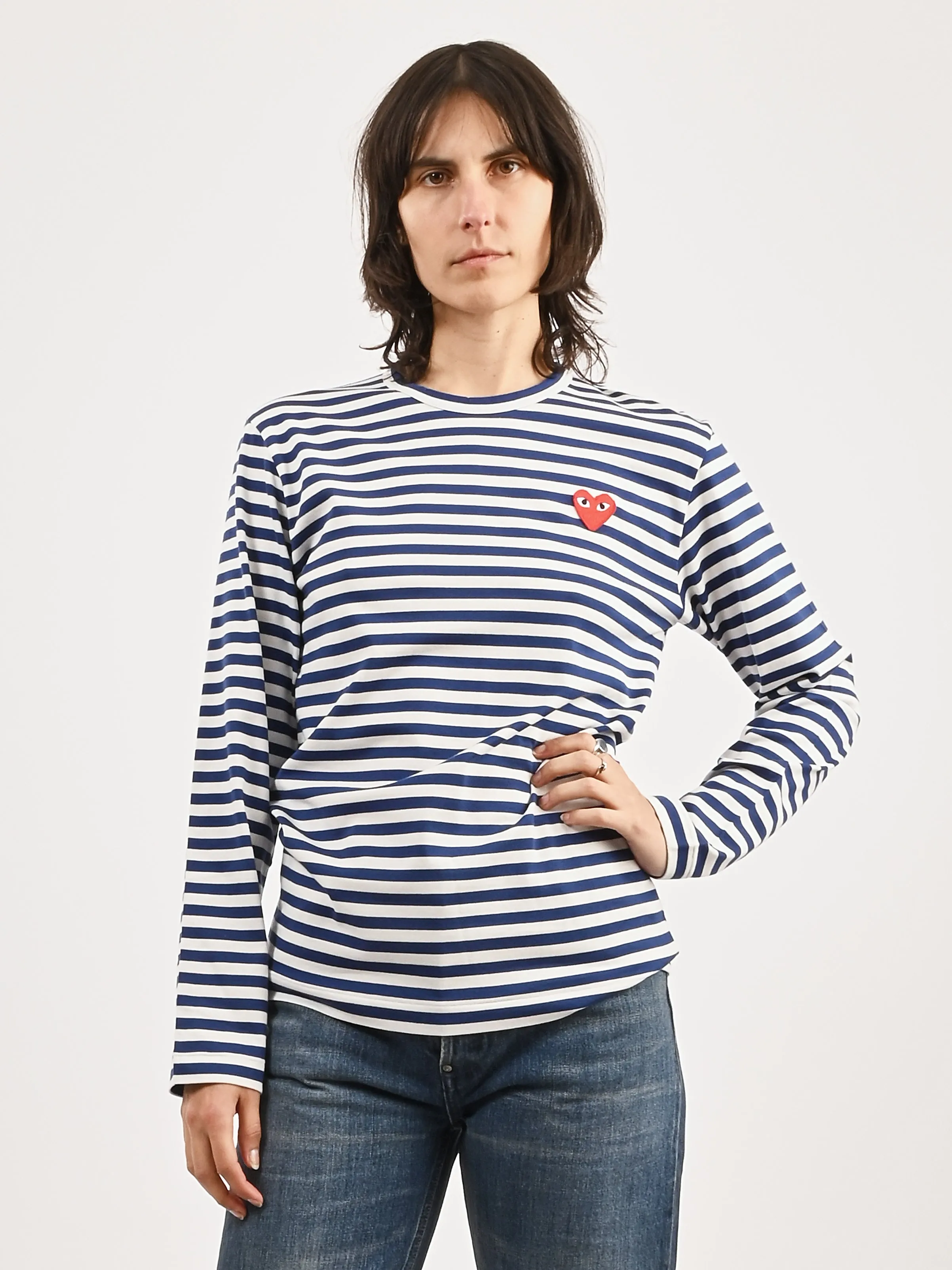 Blue/White Red Heart Play Striped T-Shirt