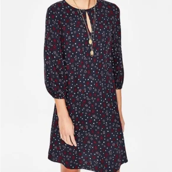Boden Navy Stars Vanessa Shift Dress 3/4 Sleeves Size 2R Nautical American 🇺🇸