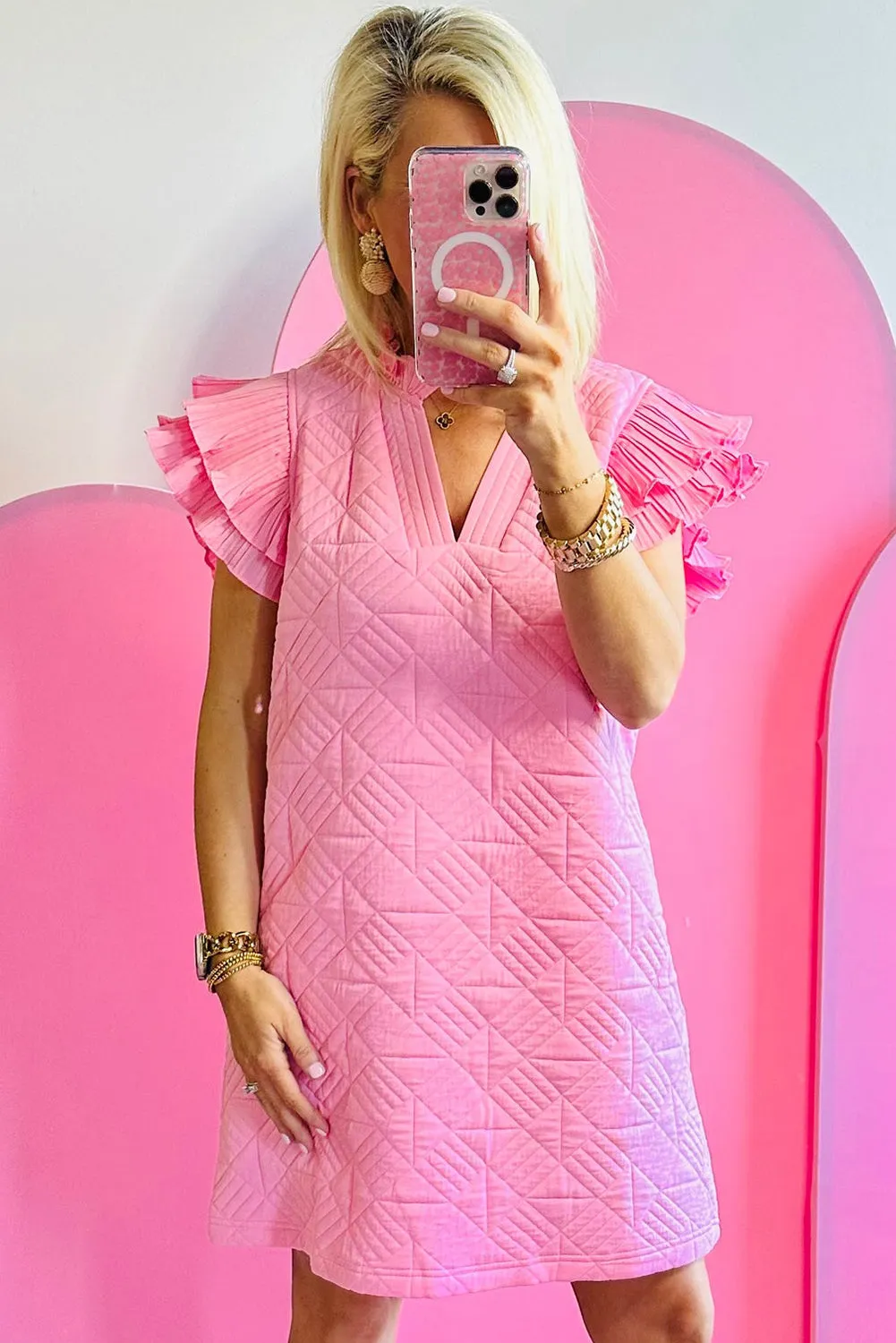 Bonbon Pleated Splicing Sleeve Textured V Neck Shift Dress