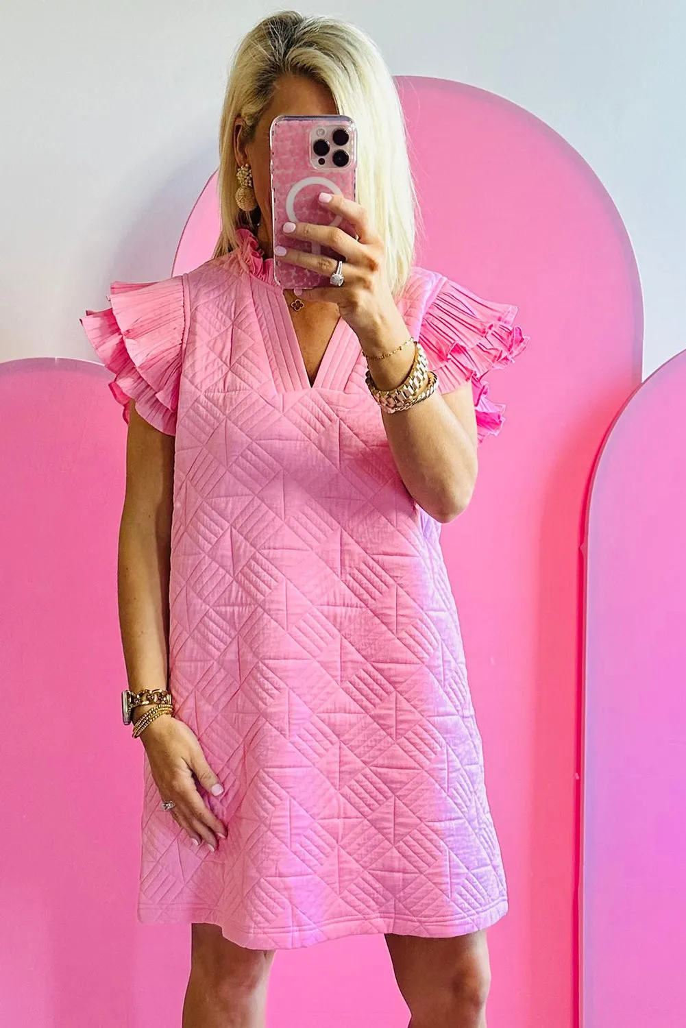 Bonbon Pleated Splicing Sleeve Textured V Neck Shift Dress
