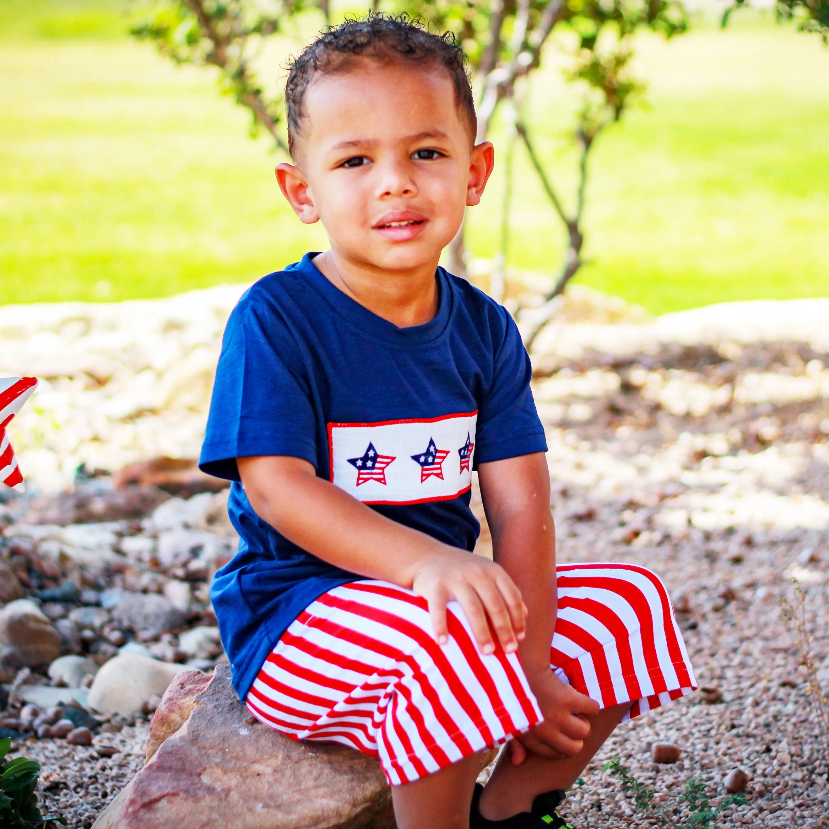 Boys 4th of July American Flag Blue T shirt & Red Striped Shorts