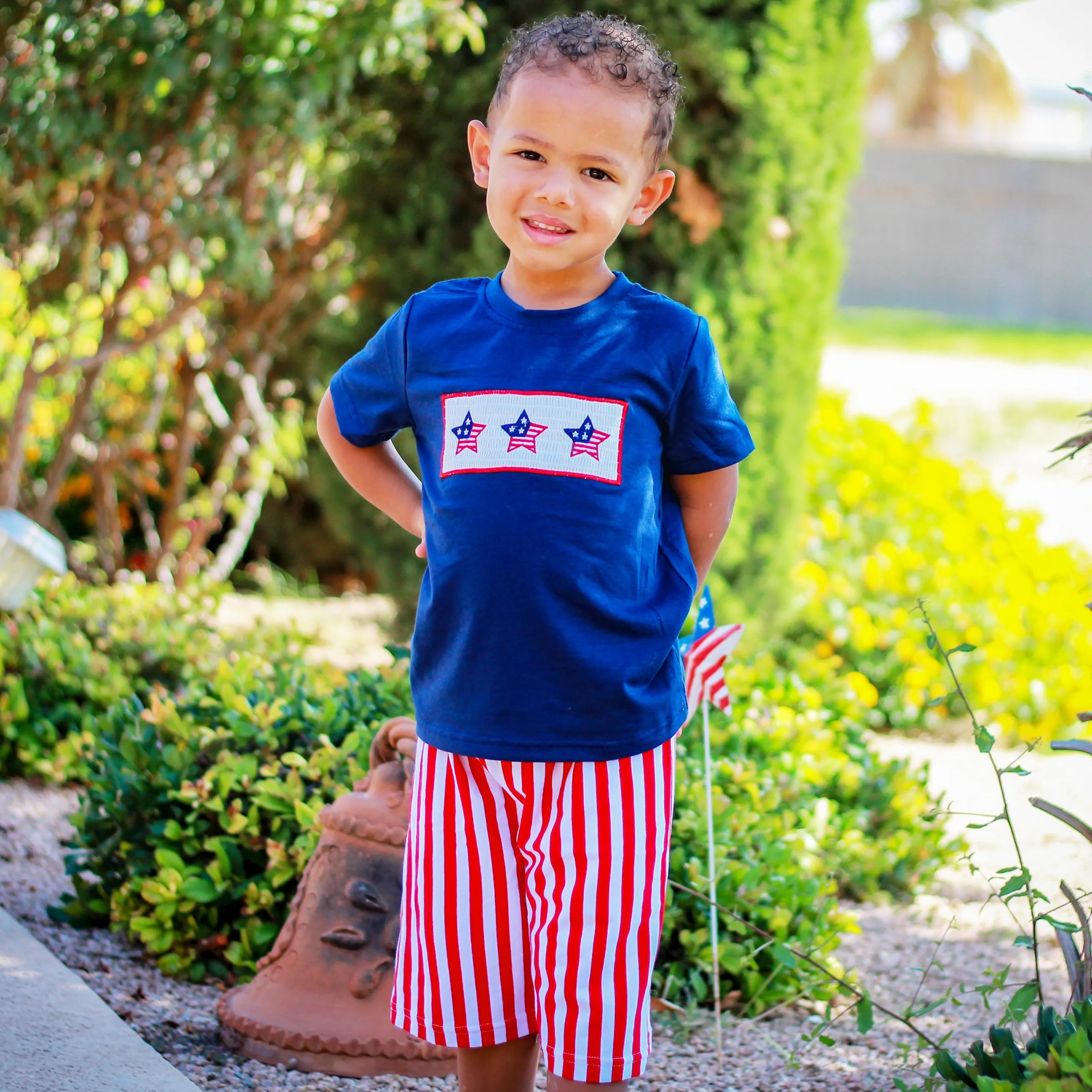 Boys 4th of July American Flag Blue T shirt & Red Striped Shorts