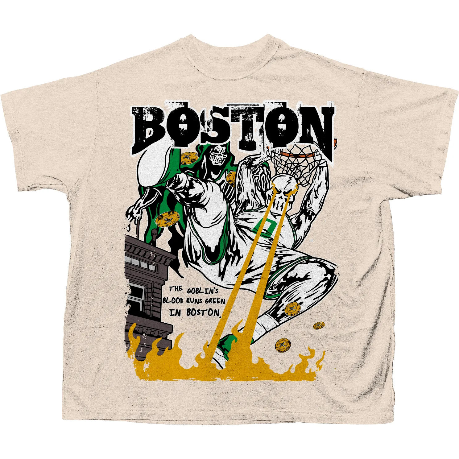 BRAND X BOSTON BLOOD RUNS GREEN T-SHIRT (CREAM)