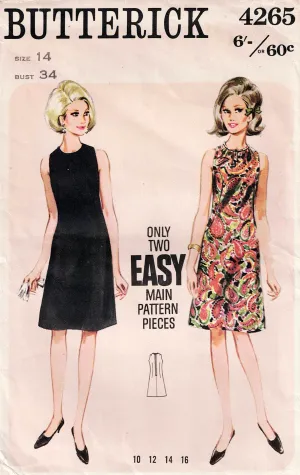 Butterick 4265 EASY Womens Classic Shift Dress 1960s Vintage Sewing Pattern Size 14 Bust 34 inches