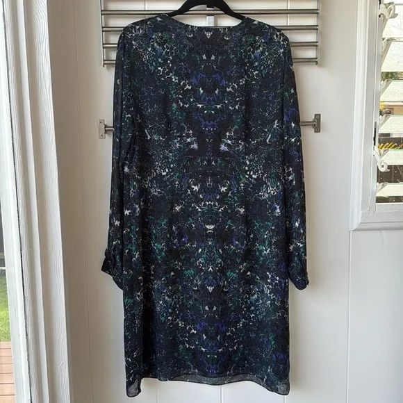 Cabi 3339 Noel Eternity Damask Shift Long Sleeve Blue Teal Print Dress L