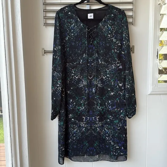 Cabi 3339 Noel Eternity Damask Shift Long Sleeve Blue Teal Print Dress L