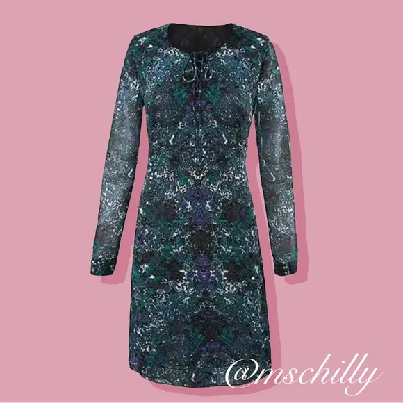Cabi 3339 Noel Eternity Damask Shift Long Sleeve Blue Teal Print Dress L