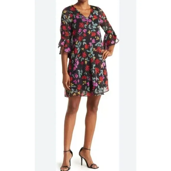 Calvin Klein‎ Women's Floral Ruffle Bell Sleeve Shift Dress Size:8 NWT