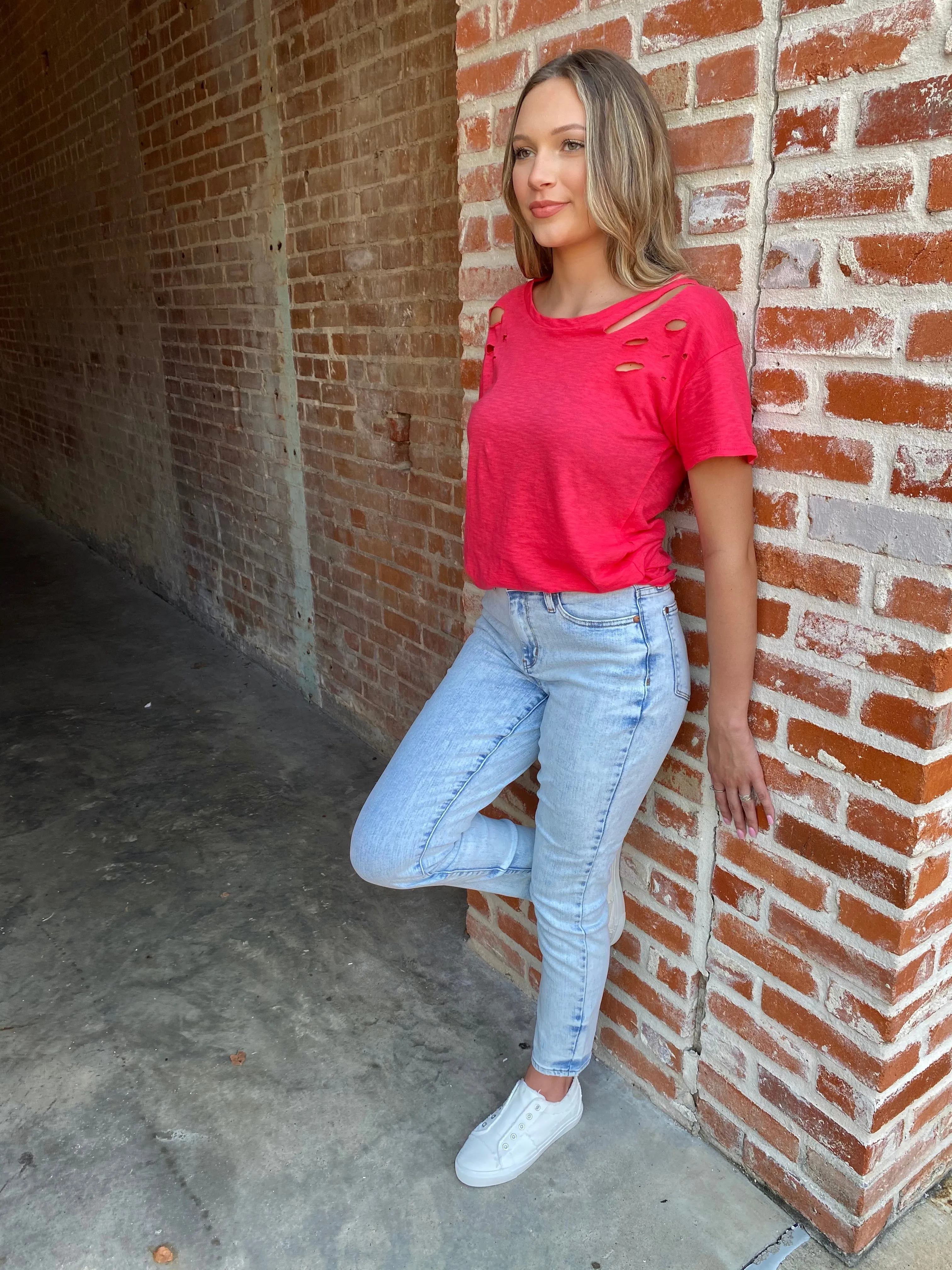 Candy Crush Distressed Tee: Coral
