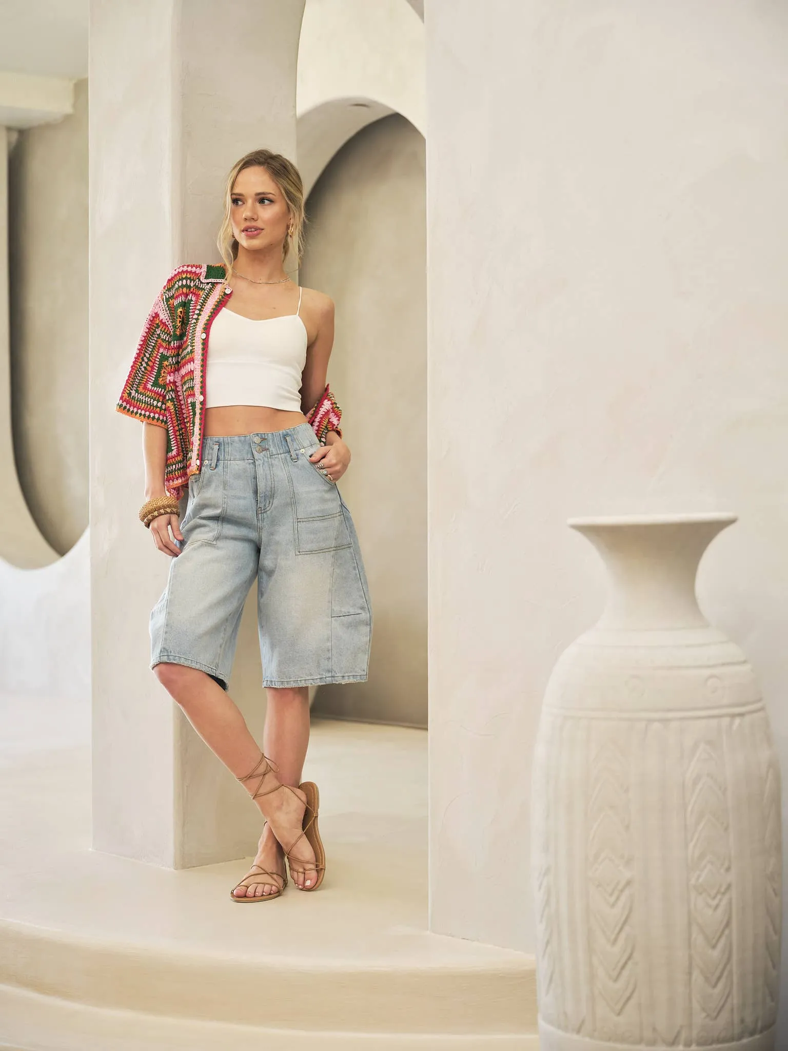 Cargo Denim Knee Length Shorts LT WASH