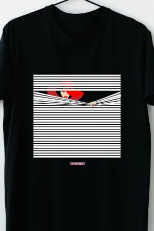 Casual Black T-Shirt - Optical Illusion Peeping Lady - Striped Tee