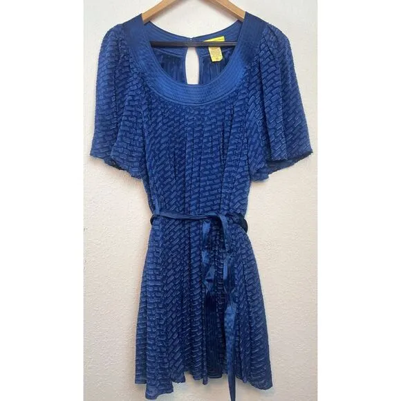 Catherine Malandrino Blue Silk Dress Semi Sheer‎ Lined, Belt, Size 4P
