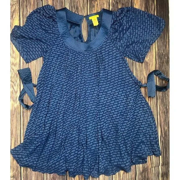 Catherine Malandrino Blue Silk Dress Semi Sheer‎ Lined, Belt, Size 4P