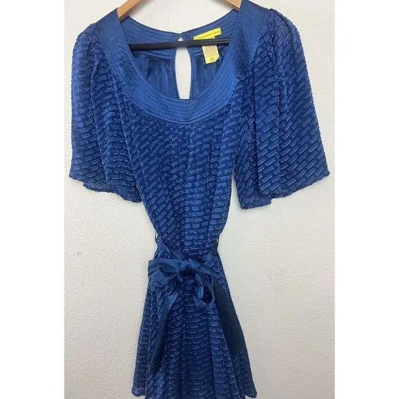 Catherine Malandrino Blue Silk Dress Semi Sheer‎ Lined, Belt, Size 4P