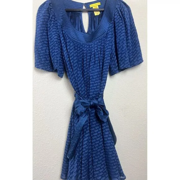 Catherine Malandrino Blue Silk Dress Semi Sheer‎ Lined, Belt, Size 4P