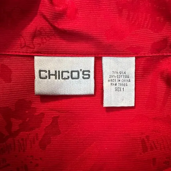 Chicos‎ 1 Silk Blend Jacket Womens Medium Red Satin Pattern Full Zip Lightweight