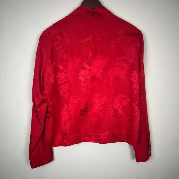 Chicos‎ 1 Silk Blend Jacket Womens Medium Red Satin Pattern Full Zip Lightweight