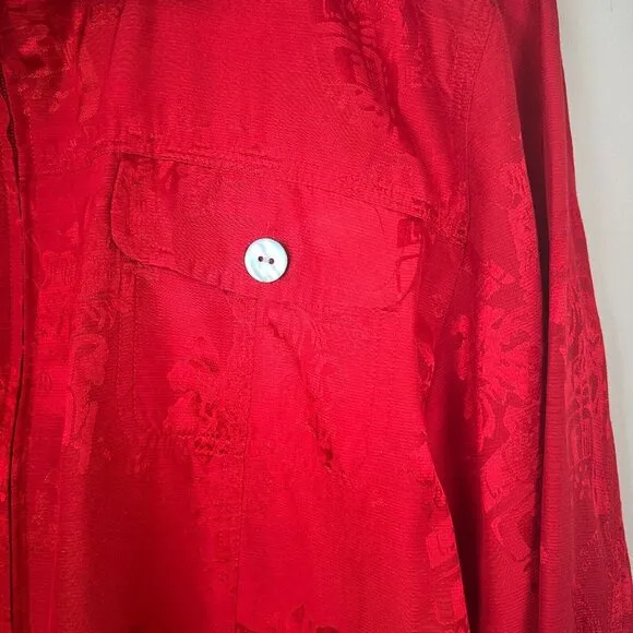 Chicos‎ 1 Silk Blend Jacket Womens Medium Red Satin Pattern Full Zip Lightweight