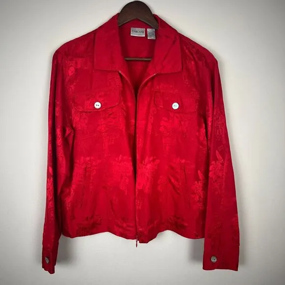 Chicos‎ 1 Silk Blend Jacket Womens Medium Red Satin Pattern Full Zip Lightweight