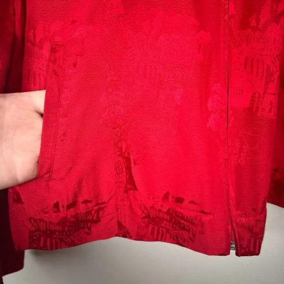 Chicos‎ 1 Silk Blend Jacket Womens Medium Red Satin Pattern Full Zip Lightweight