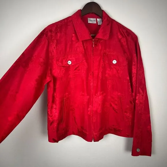 Chicos‎ 1 Silk Blend Jacket Womens Medium Red Satin Pattern Full Zip Lightweight