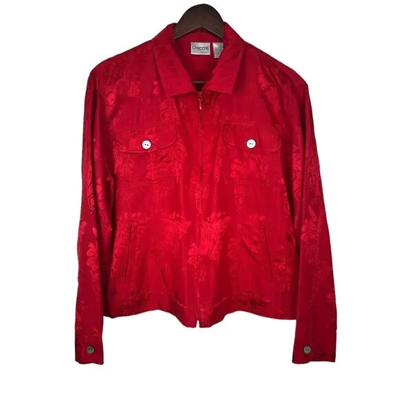 Chicos‎ 1 Silk Blend Jacket Womens Medium Red Satin Pattern Full Zip Lightweight