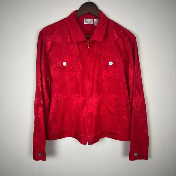 Chicos‎ 1 Silk Blend Jacket Womens Medium Red Satin Pattern Full Zip Lightweight
