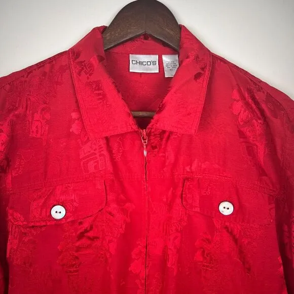 Chicos‎ 1 Silk Blend Jacket Womens Medium Red Satin Pattern Full Zip Lightweight
